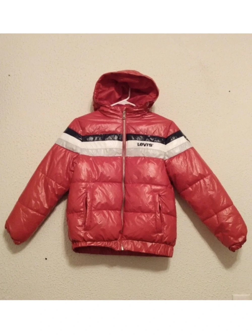 Levi's Red Hooded Puffer Jacket with Navy and White Stripes